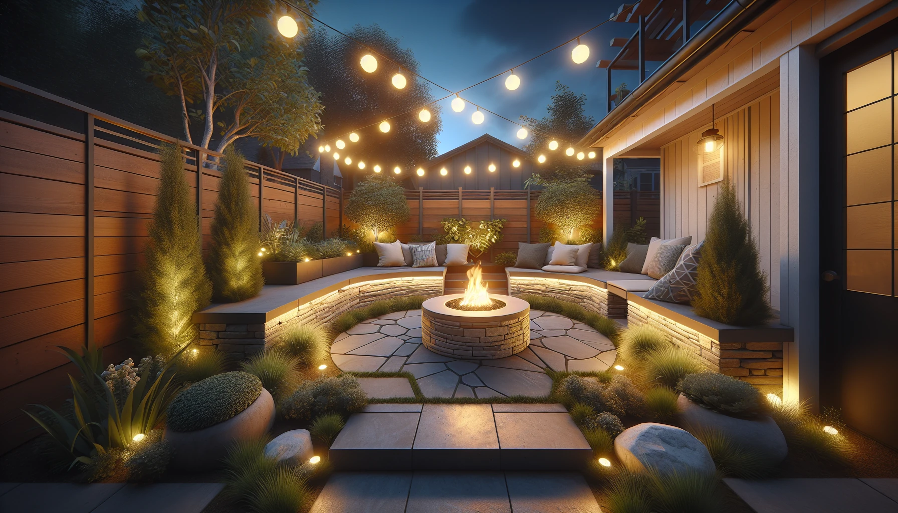 Small Space Backyard Landscaping Ideas-Corner Fire Pit with Built-in Seating