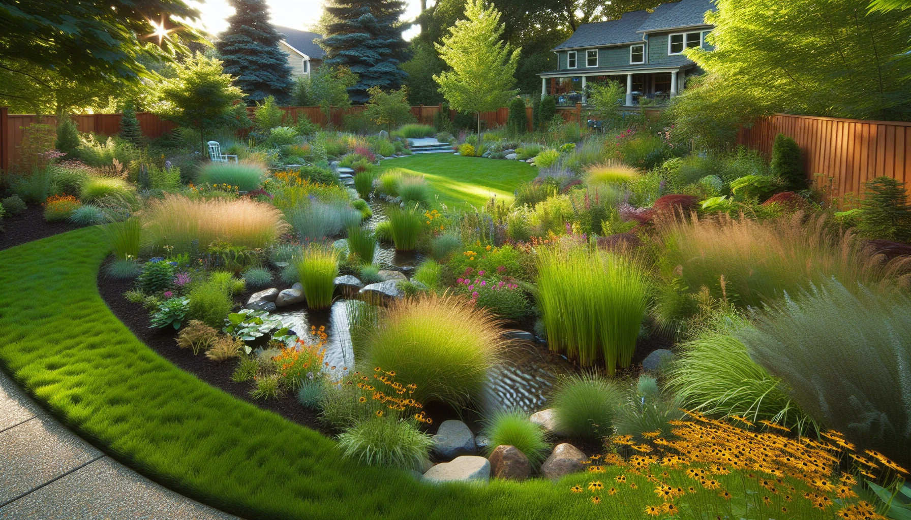 Water Features and Lighting Backyard Landscaping-Rain Garden Installation
