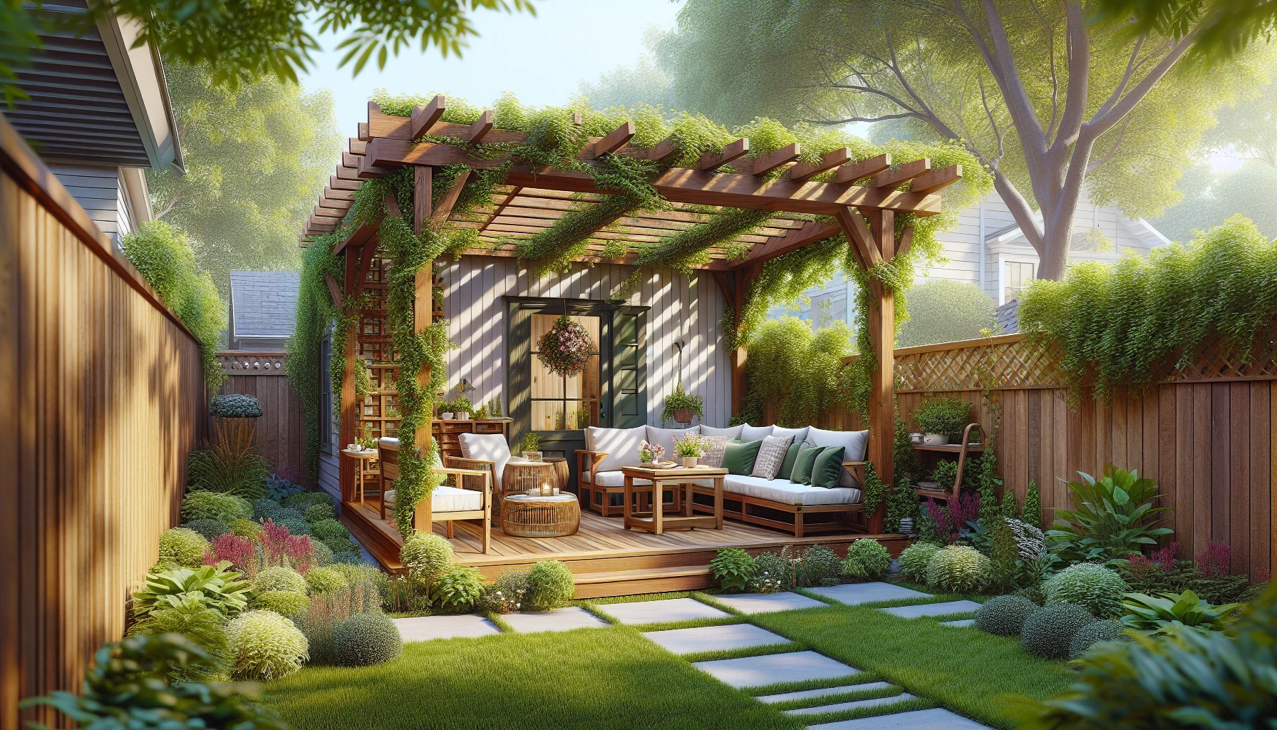 Small Space Backyard Landscaping Ideas-Pergola with Climbing Vines