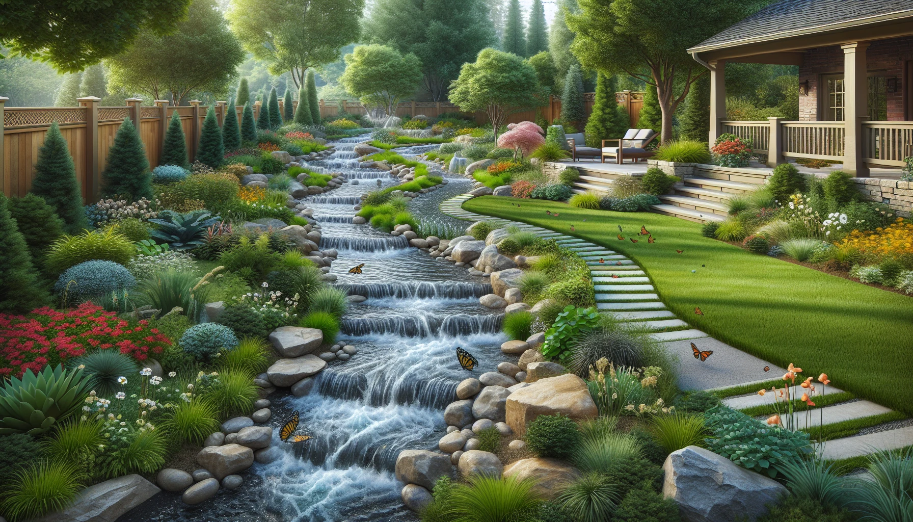 Water Features and Lighting Backyard Landscaping-Stream and Creek Features