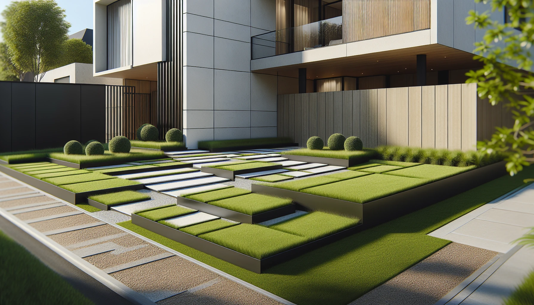 Modern Front Yard Landscaping Ideas-Geometric Grass Panels with Steel Edging