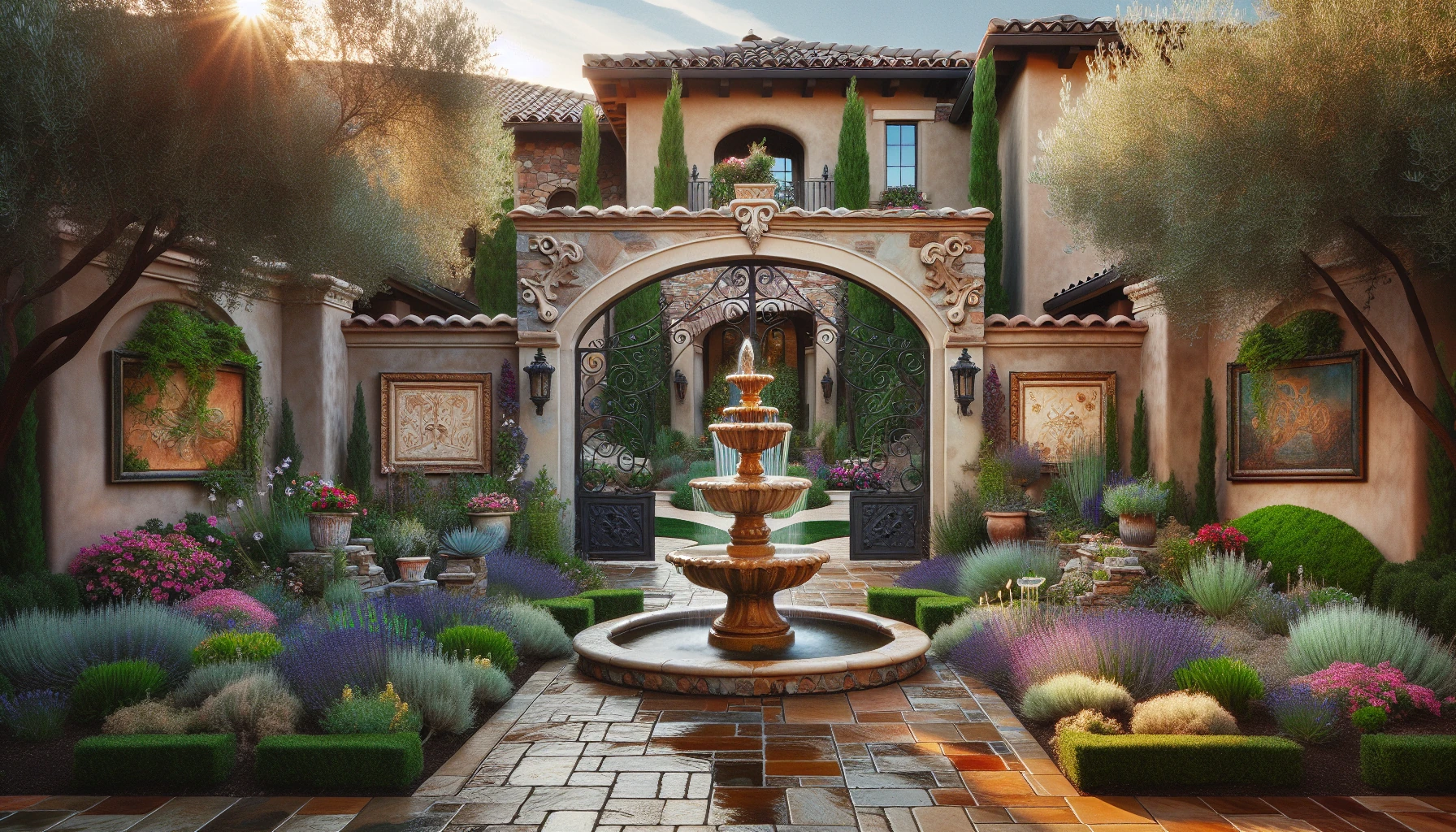 Mediterranean Front Yard Landscaping Ideas-Courtyard-Style Entry with Fountain
