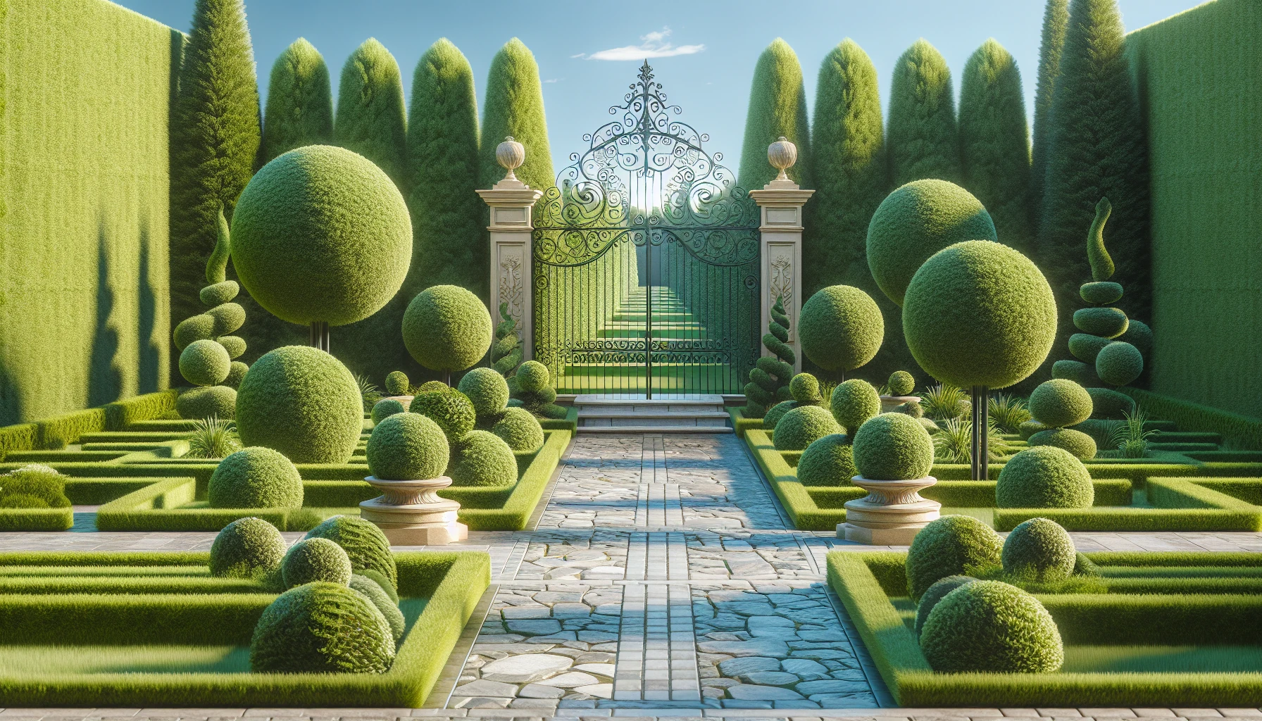 Traditional Front Yard Landscaping-Topiary Garden with Shaped Evergreens