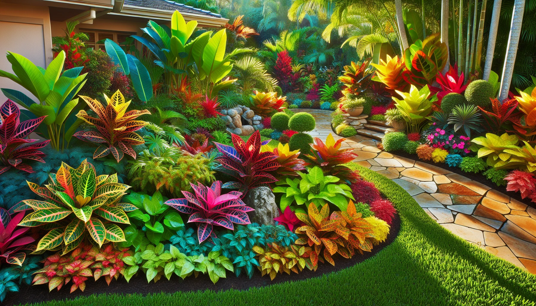 Tropical Front Yard Landscaping Ideas-Colorful Croton Border