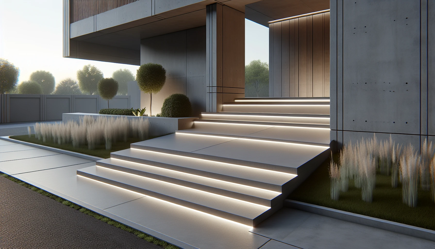 Modern Front Yard-Floating Concrete Steps with Integrated Lighting
