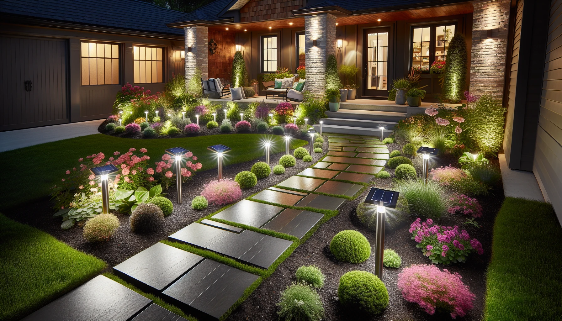 Trending Front Yard Landscaping Ideas for 2025-Solar-Powered Landscape Lighting