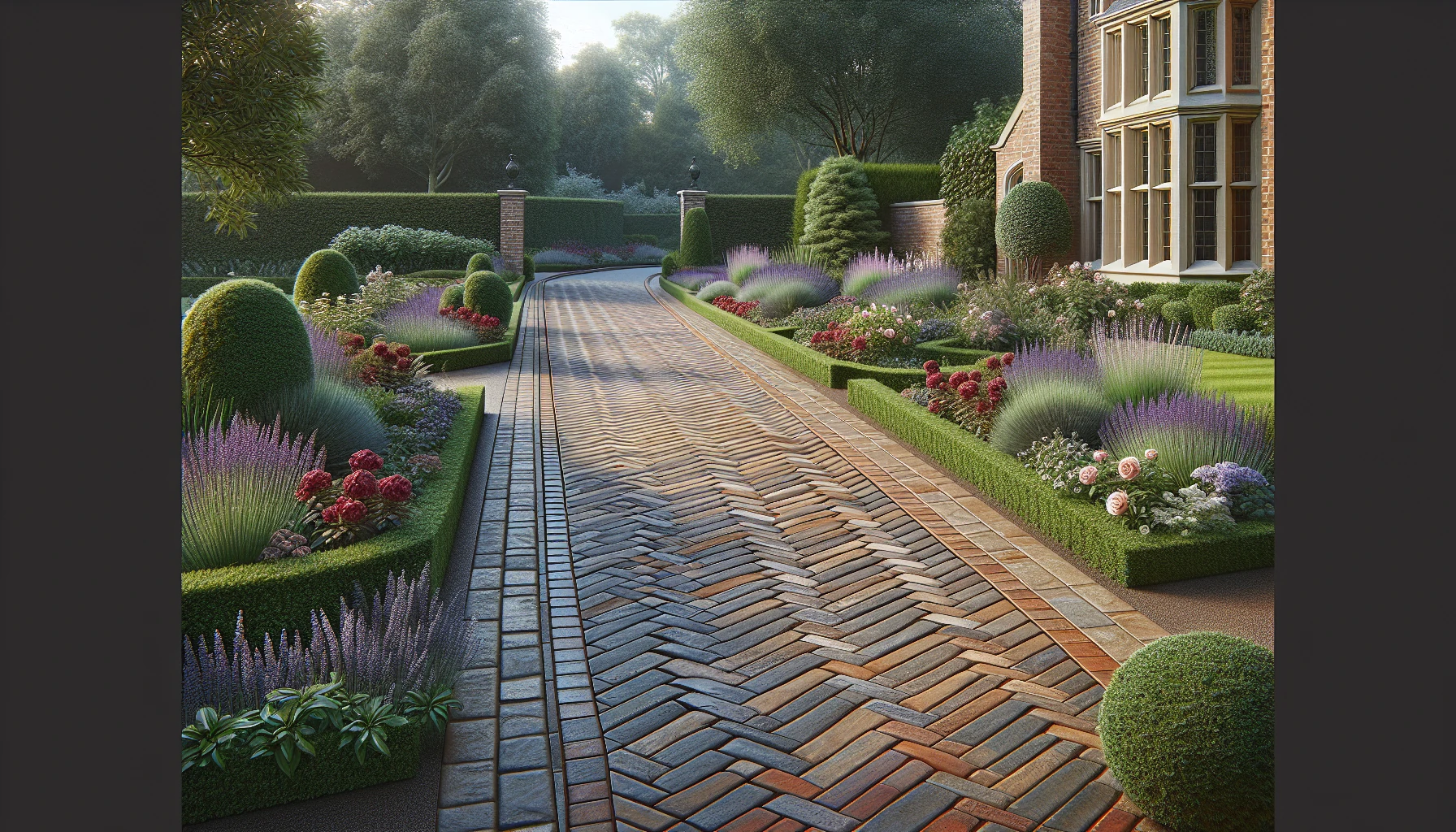 Traditional Front Yard Landscaping-Herringbone Brick Driveway with Planted Borders
