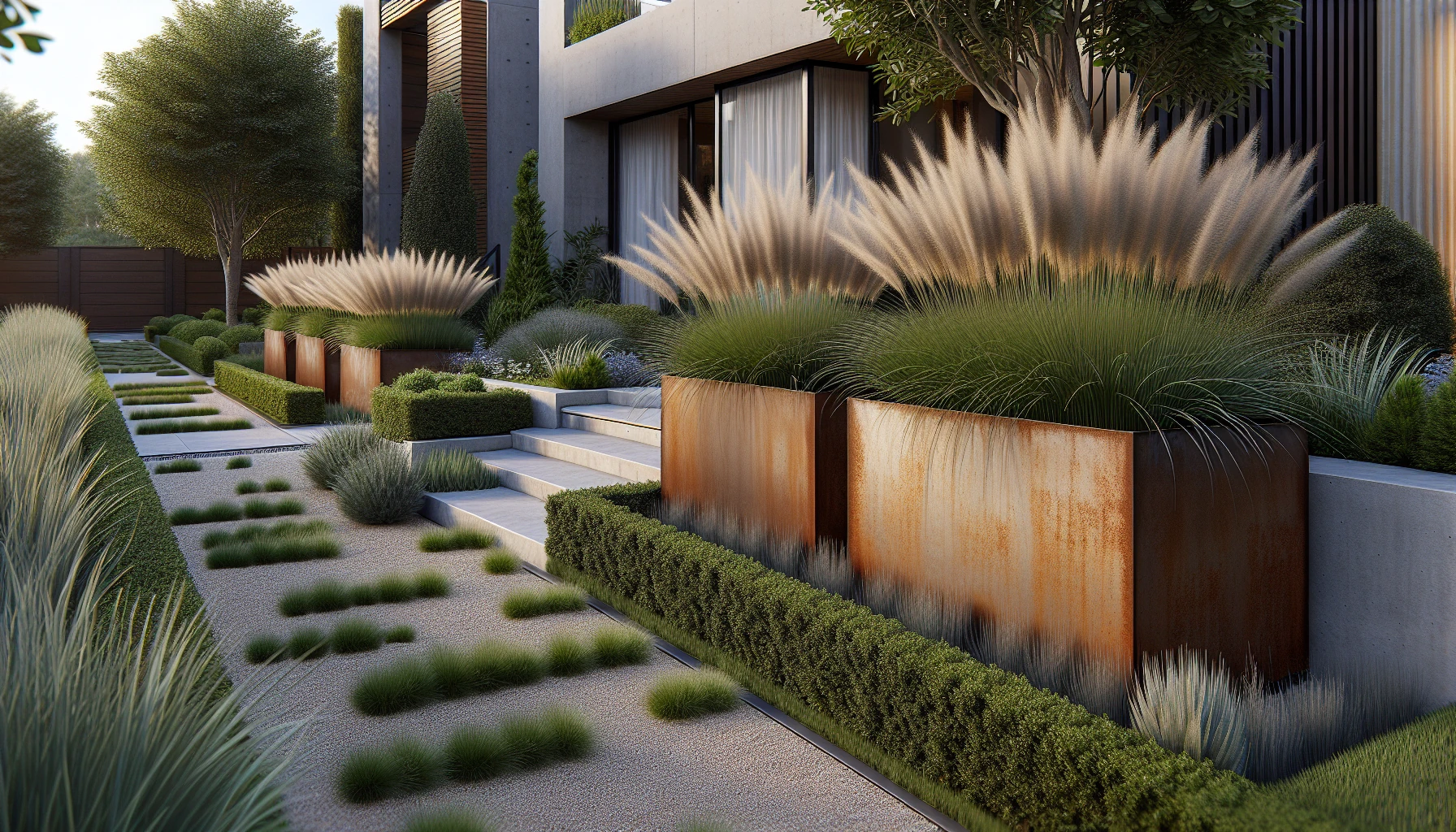 Modern Front Yard-Corten Steel Planters with Ornamental Grasses