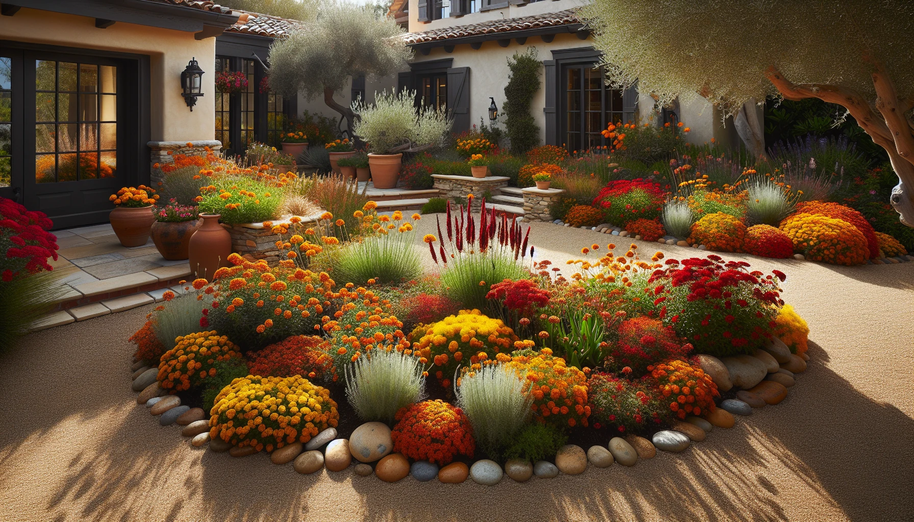Mediterranean Front Yard Landscaping Ideas-Warm-Toned Flower Border