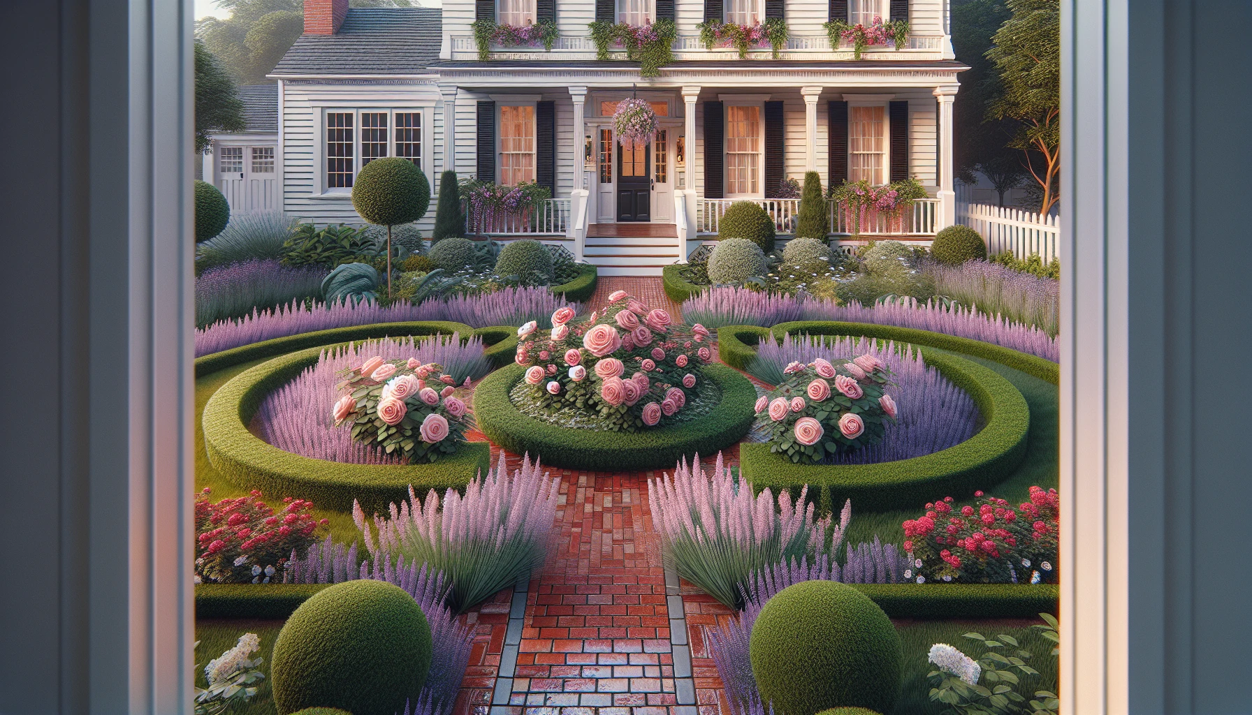 Traditional Front Yard Landscaping-Classic Rose Garden with Lavender Border