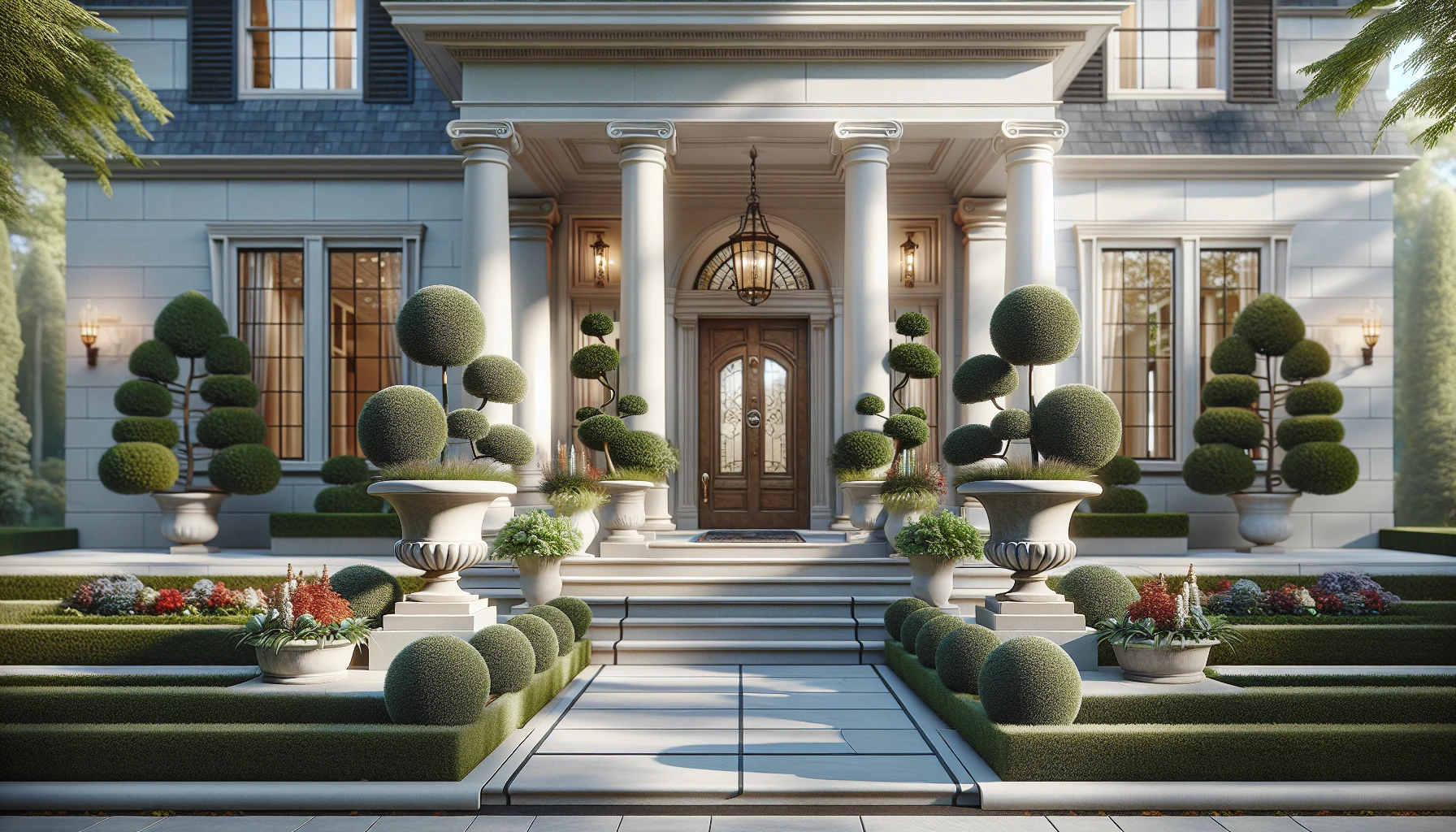 Traditional Front Yard Landscaping-Formal Entrance with Matching Planters