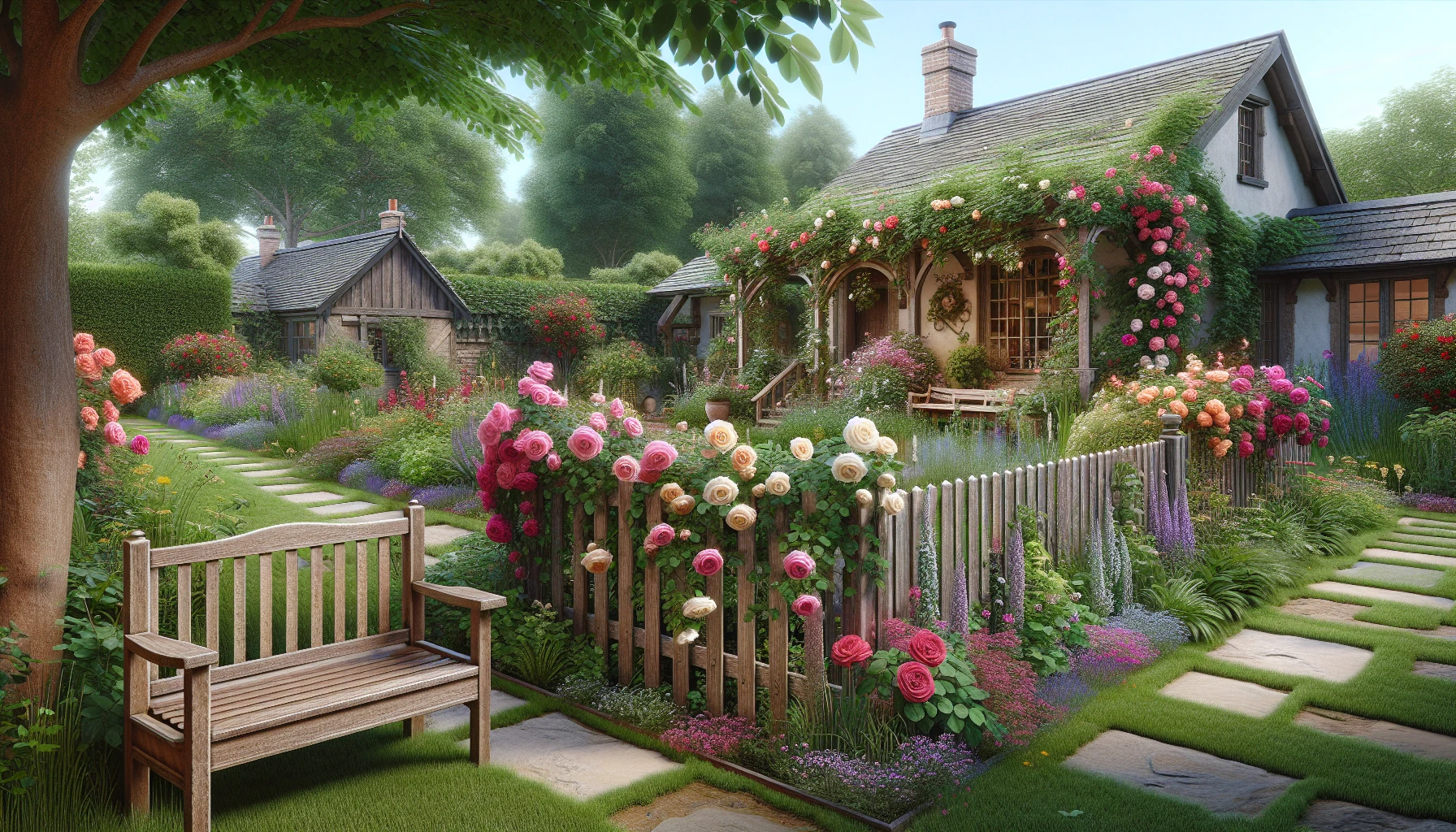 Country & Cottage Front Yard Landscaping Ideas-Split-Rail Fence with Climbing Roses