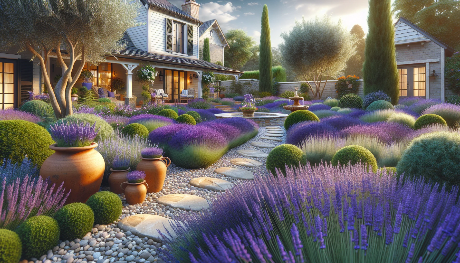 Mediterranean Front Yard Landscaping Ideas-Lavender Field with Gravel Pathways