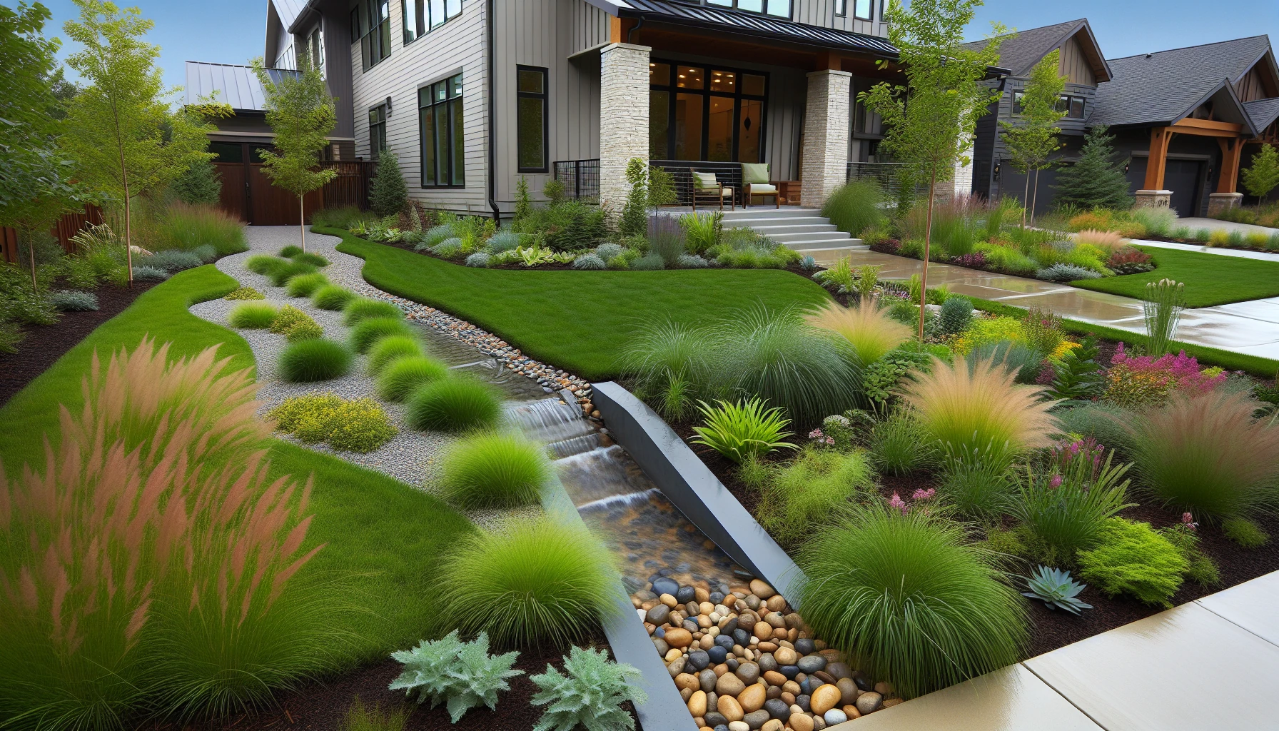 Trending Front Yard Landscaping Ideas for 2025-Rain Gardens and Bioswales