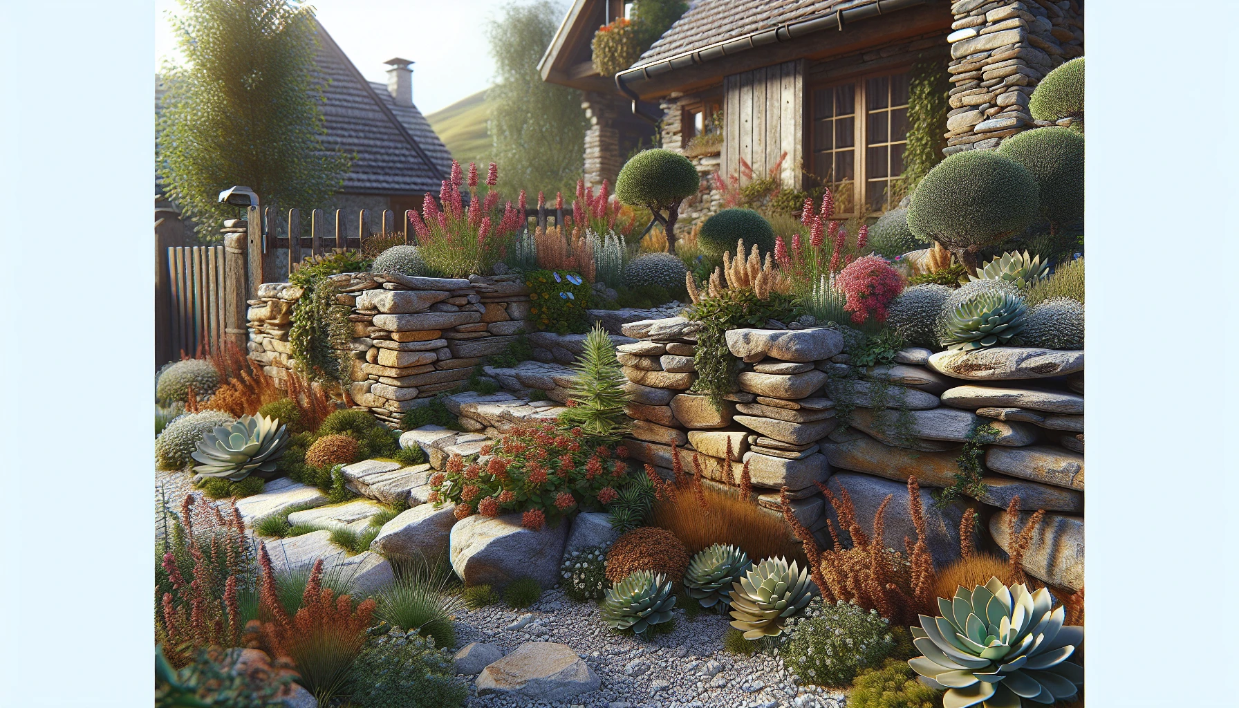 Country & Cottage Front Yard Landscaping Ideas-Rustic Stone Wall with Alpine Plants