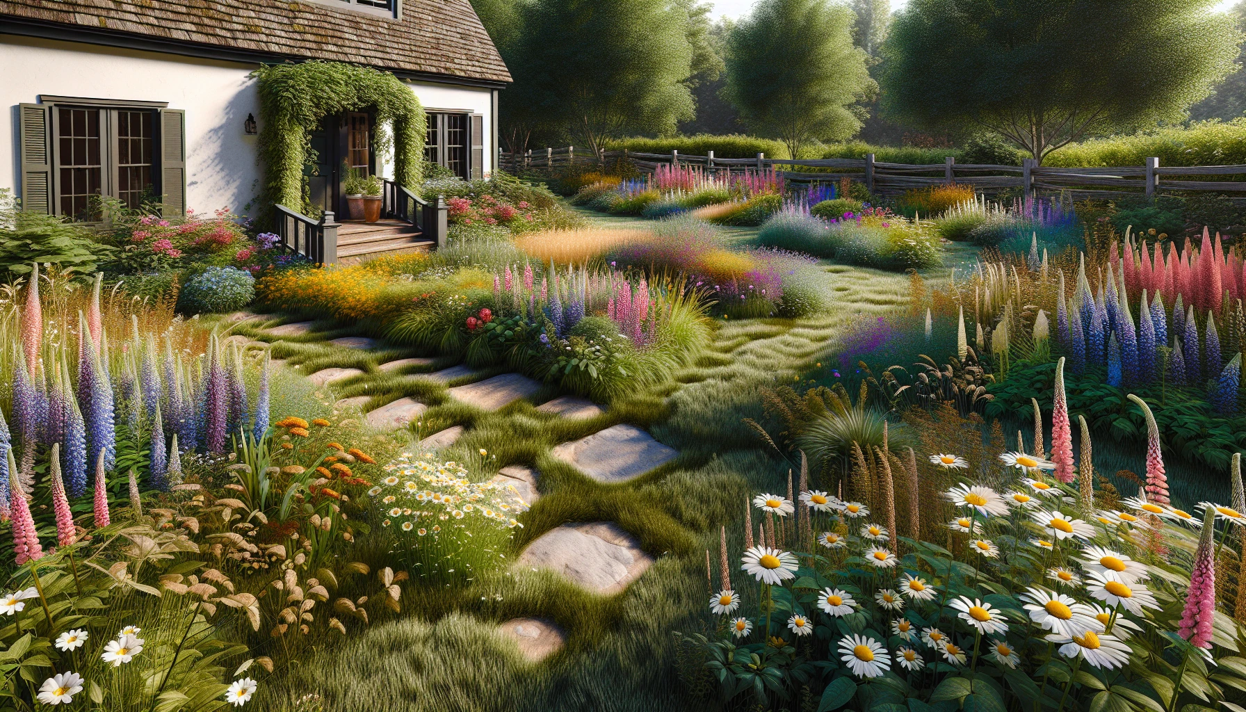 Country & Cottage Front Yard Landscaping Ideas-Wildflower Meadow with Mown Pathways