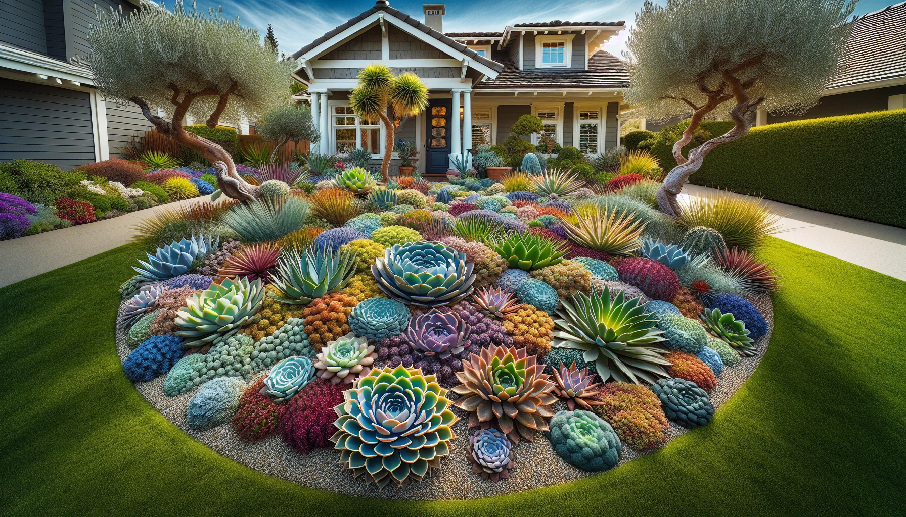 Mediterranean Front Yard Landscaping Ideas-Succulent Tapestry Garden