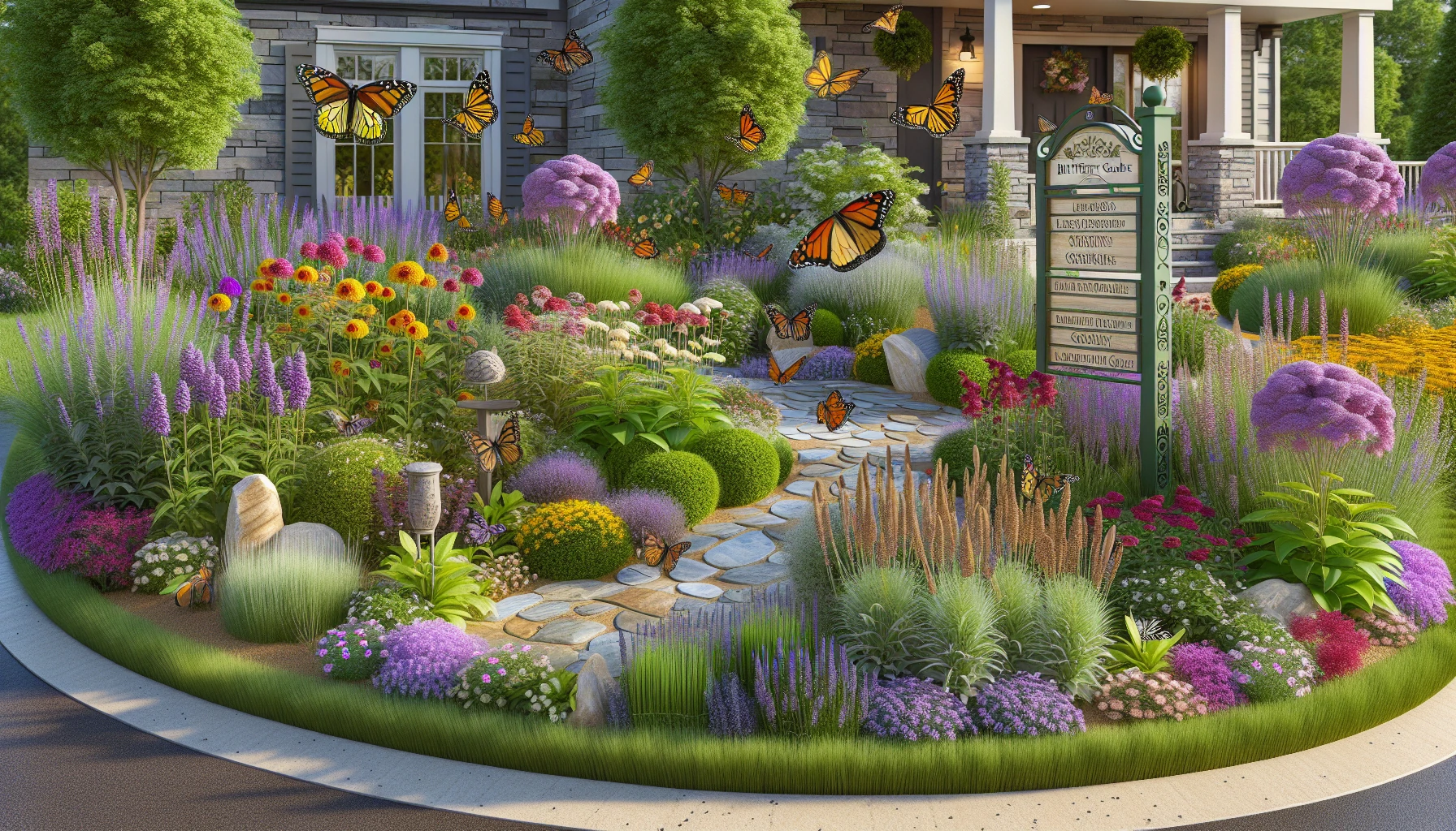 creative front yard landscape design themed around a butterfly garden
