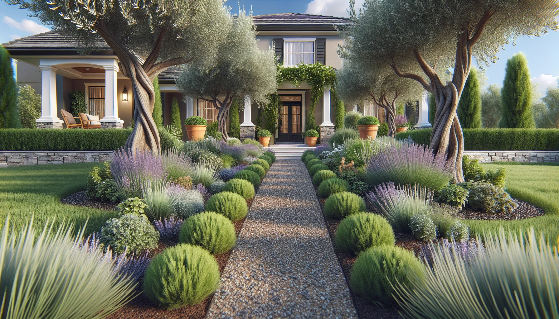 Mediterranean Front Yard Landscaping Ideas-Olive Grove Entrance Garden