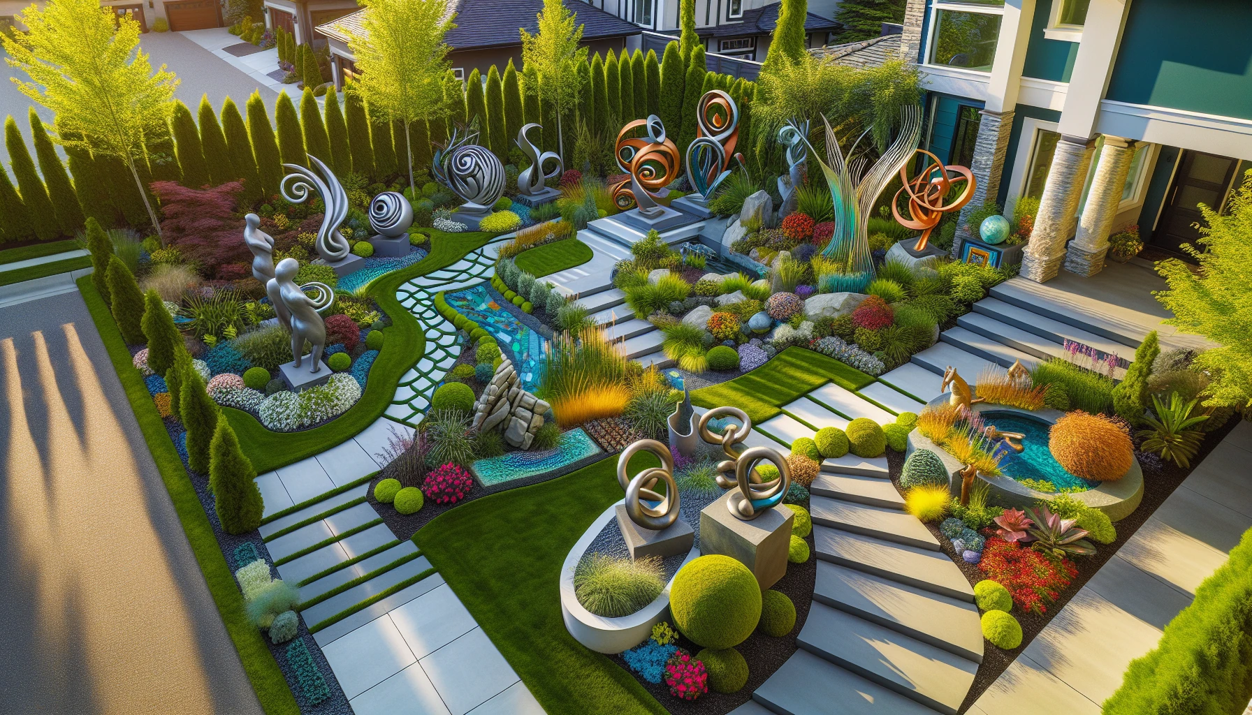 Creative Front Yard Landscaping Ideas-Sculpture Garden Integration