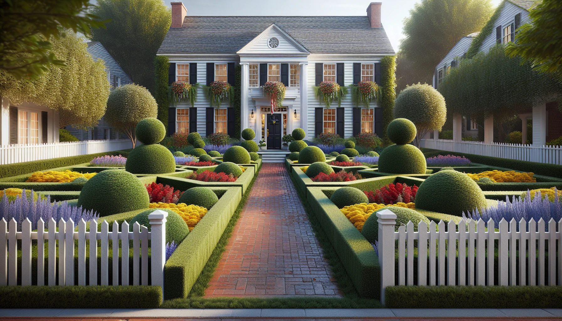 Traditional Front Yard Landscaping-Symmetrical Boxwood Parterre Garden