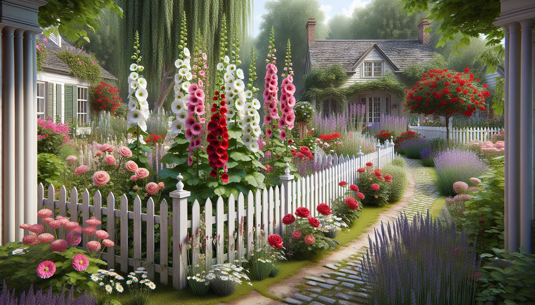 Traditional Front Yard Landscaping-White Picket Fence with Cottage Garden