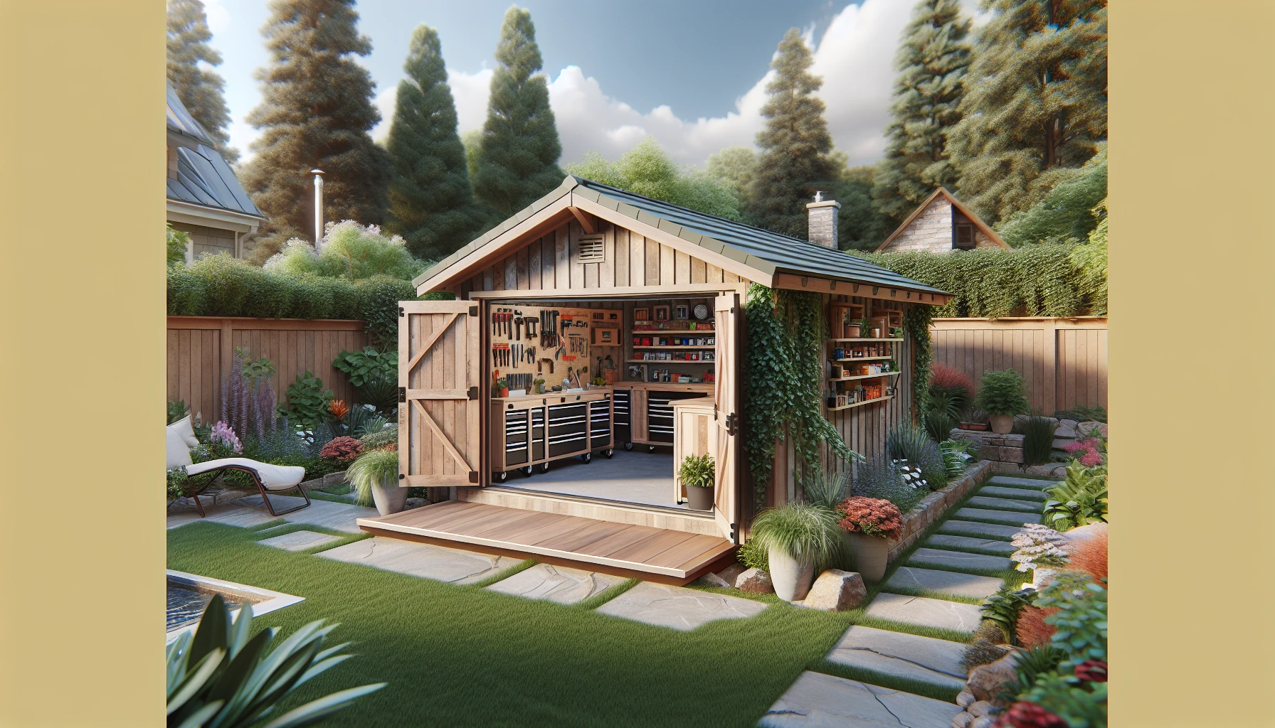 Entertainment and Functional Areas backyard landscaping-Workshop and Storage Integration